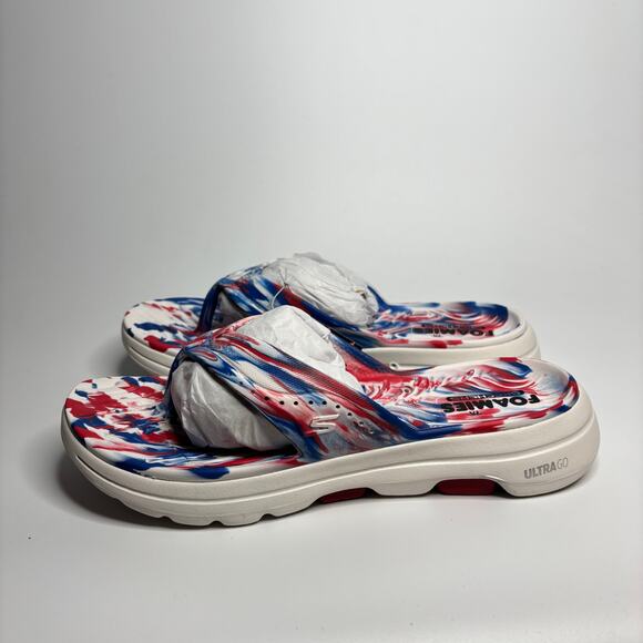 Skechers Go Walk 5 Foamies Merica Sweets Flip Flop Sandals in White/Blue/Red - Picture 3 of 11